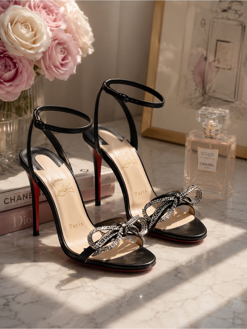 Christian Louboutin Jewel Queen 100 Sandals Black Crystal Bow Size 37.5